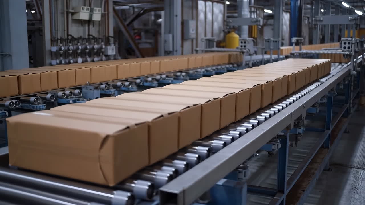 cajas en una cinta transportadora en una fábrica