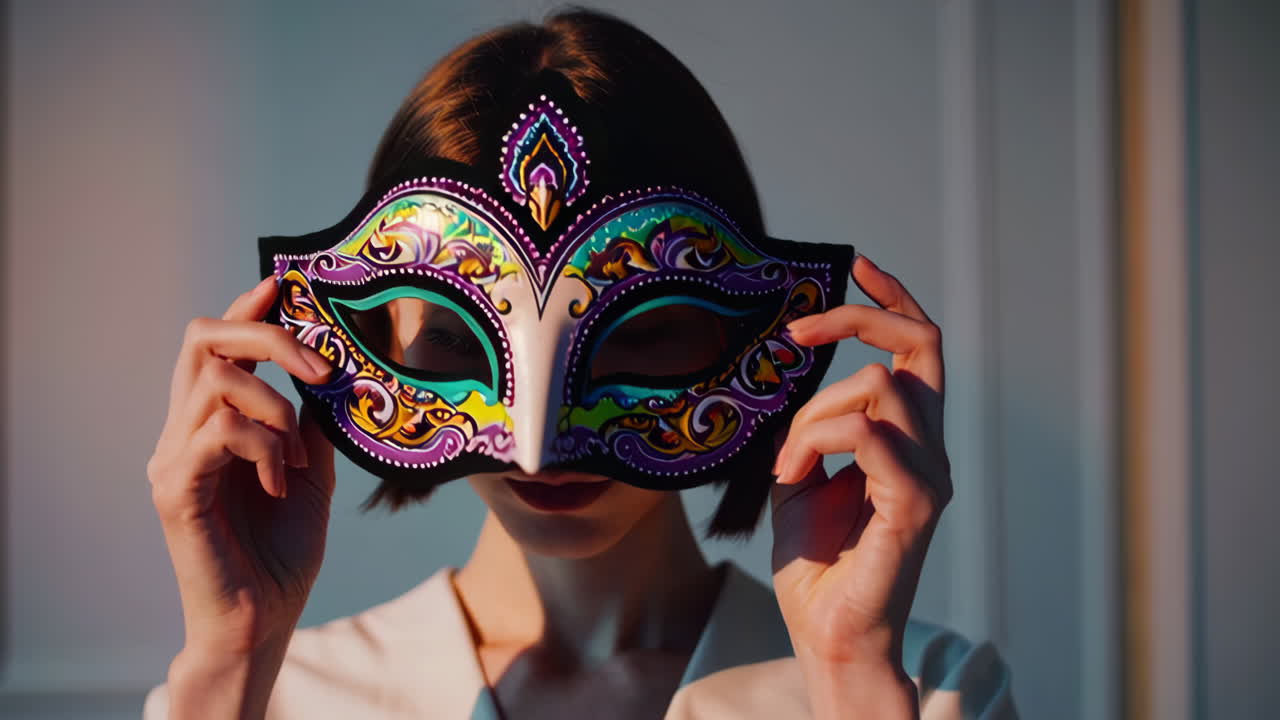 A woman holding a masquerade mask in front of her face
