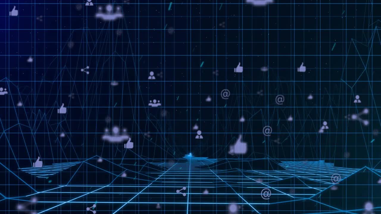 Central lit node starting camera pull, icons drifting and pulsing, waves rising, showing data flow
