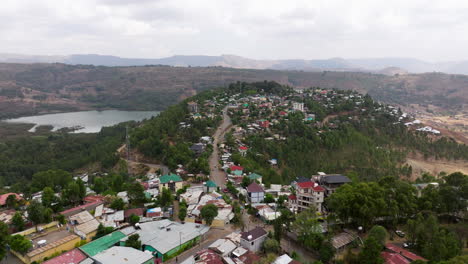 angereb reservoir and mountains from gondar city in ethiopia. - aerial shot
