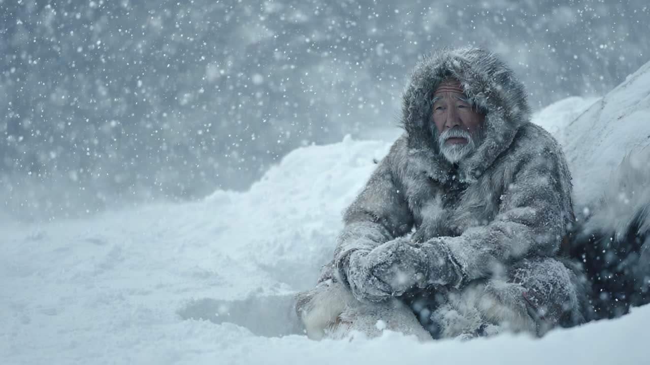 A Resilient Elder Endures the Harsh Wilderness, Wrapped in Layers of Fur Amidst a Blinding Snowstorm, Capturing the Essence of Survival and Strength in Extreme Conditions