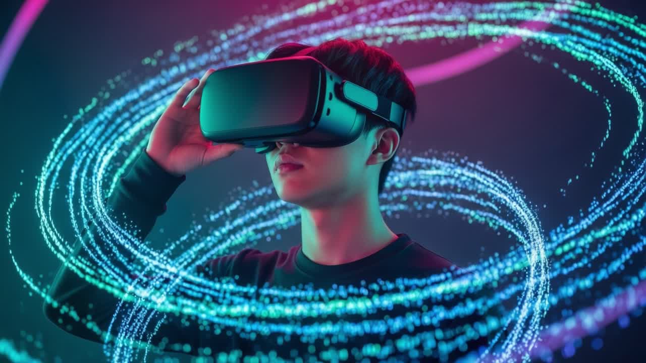 Exploring Virtual Dimensions: A Young User Engages in Immersive Experiences Through Cutting-Edge Virtual Reality Technology Surrounded by Mesmerizing Visual Effects