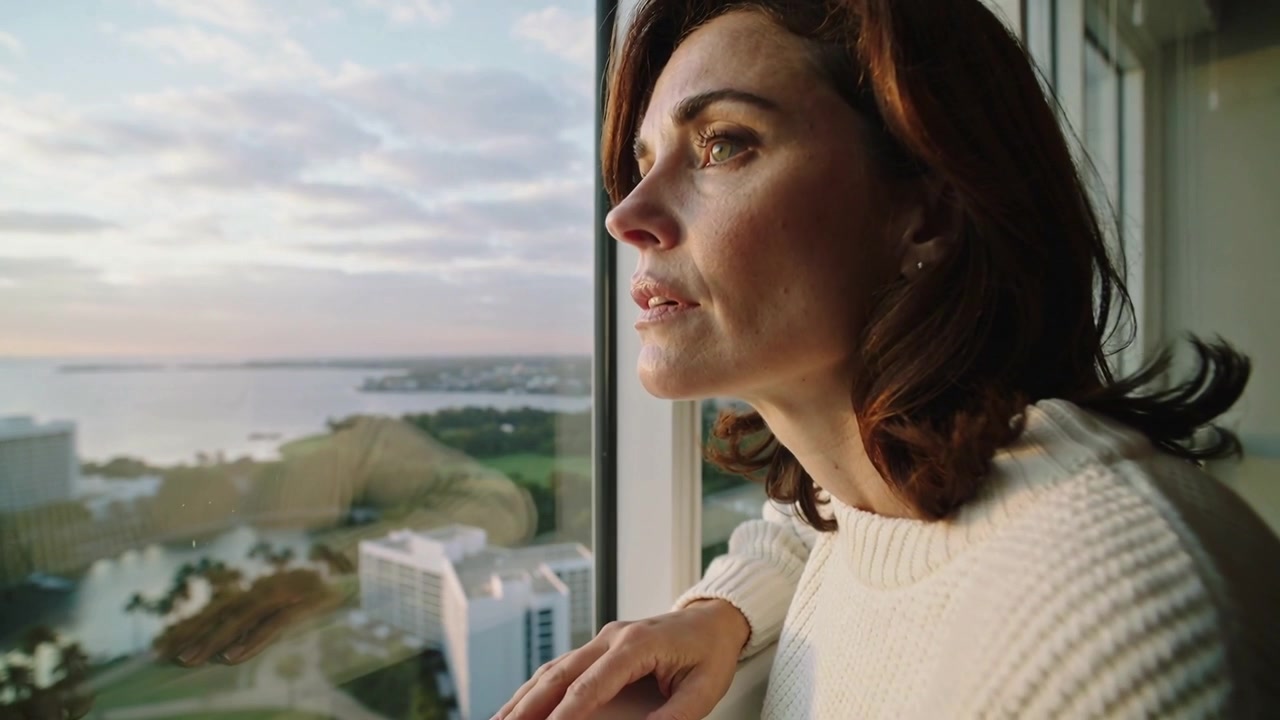 All'alba, una donna che indossa un maglione color crema appoggiata alla ringhiera del balcone e che osserva l'acqua, con spazio per il testo.