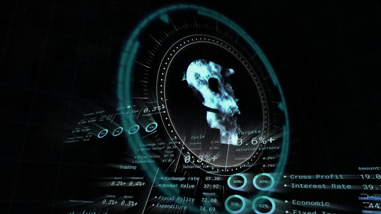 animación de procesamiento de datos y símbolo de criptomoneda sobre fondo negro