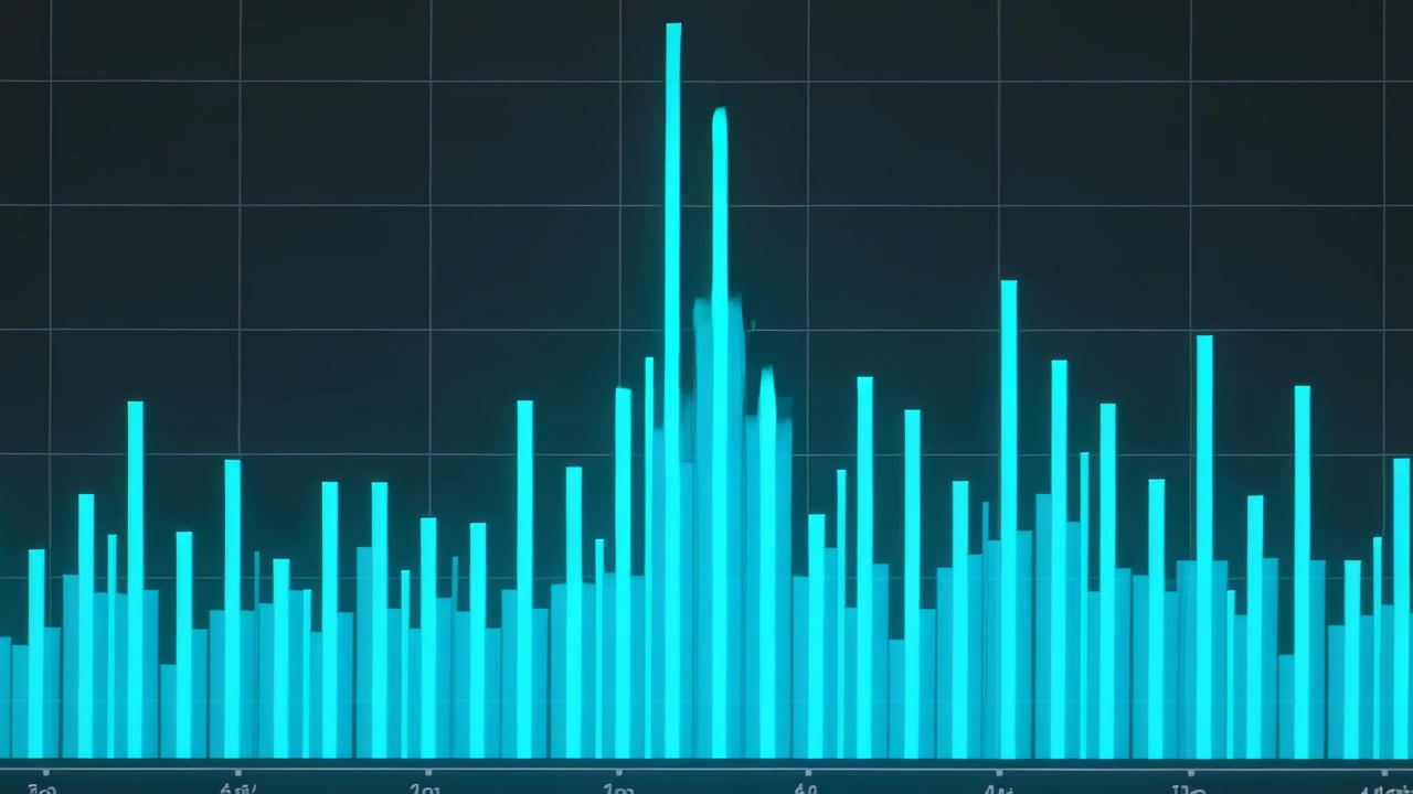 Animating cyan bar chart peaking, shifting on dark grid, showing tickmarks during data update