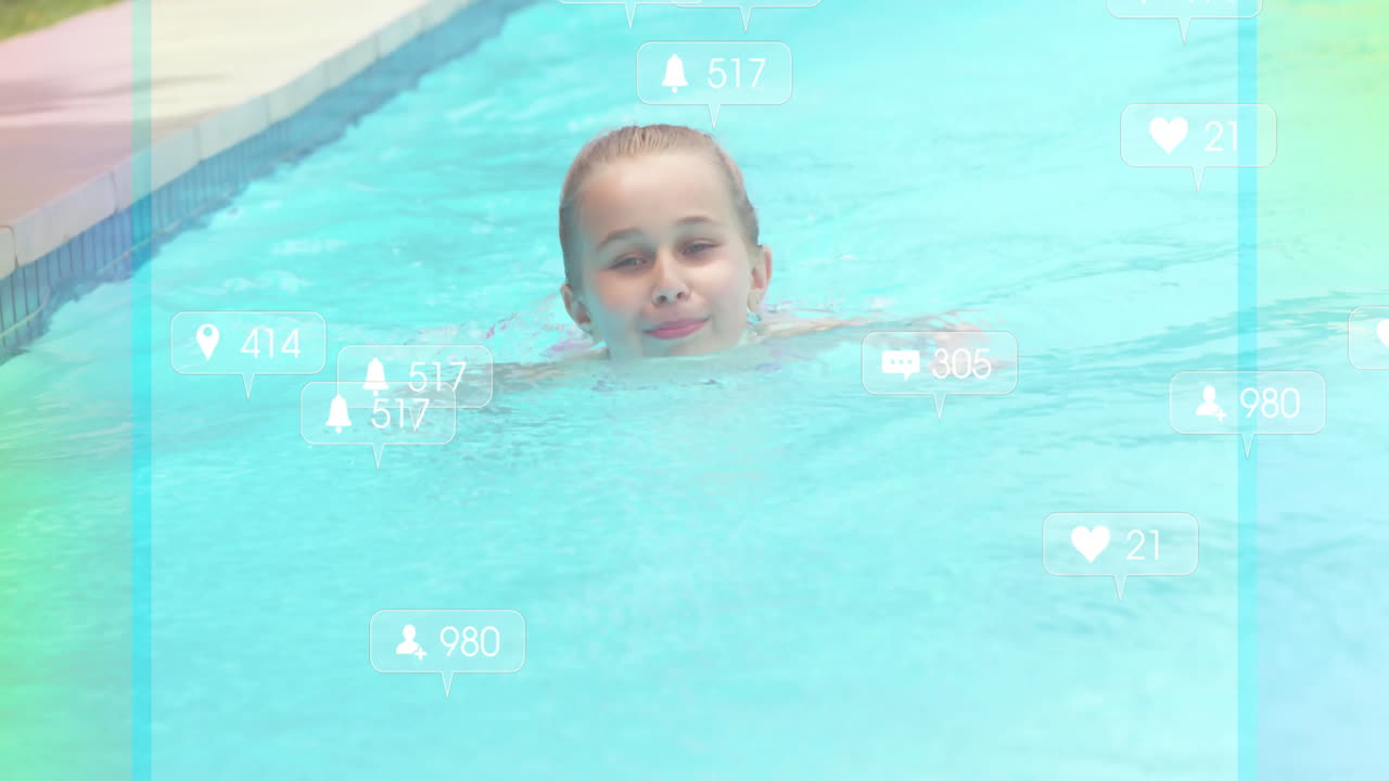 Swimming in pool, child with animation of social media notification icons