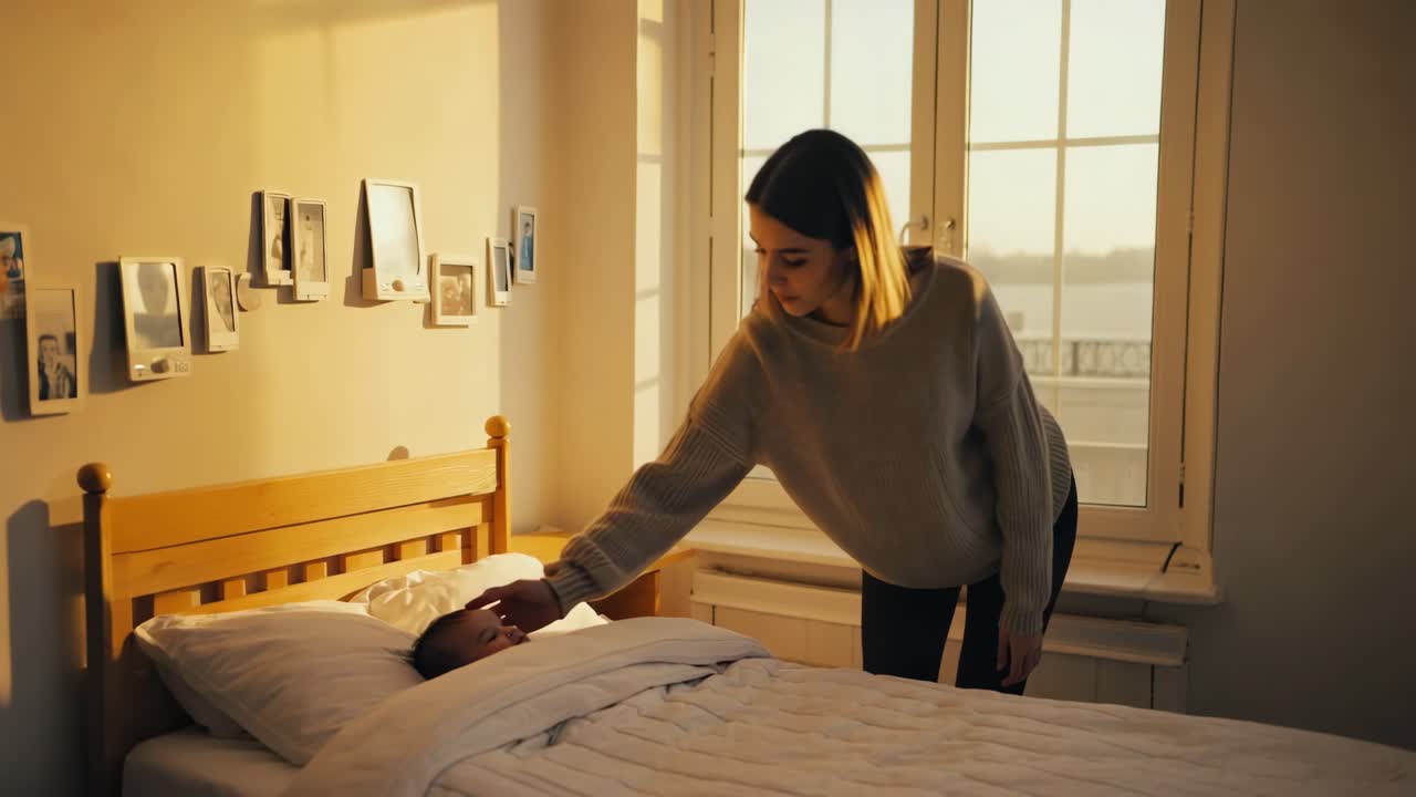 Woman checking on sleeping baby in bedroom