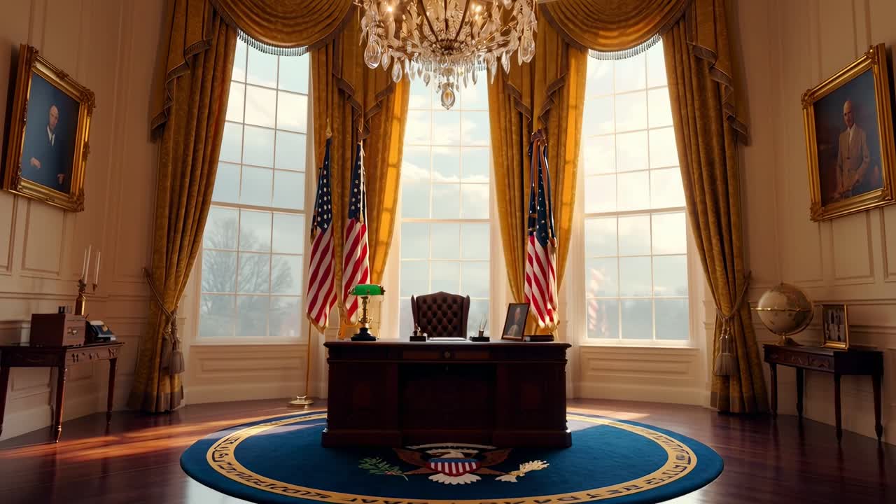 Ufficio elegante con arredamento classico, inquadratura grandangolare, perfetto per un'ambientazione video politica.