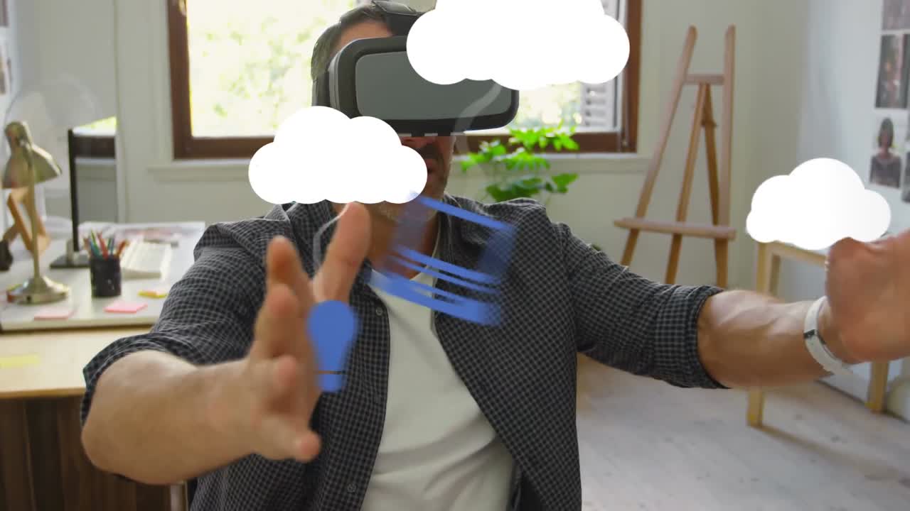 animación de iconos de las redes sociales sobre un hombre caucásico que usa auriculares vr