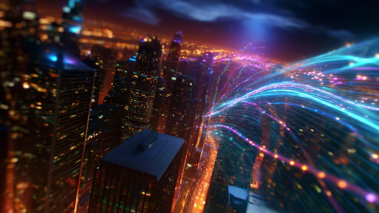 A stunning aerial view of a vibrant metropolitan cityscape illuminated at night, showcasing the dynamic flow of colorful lights trailing across the skyline, capturing a blend of modern architecture and technology