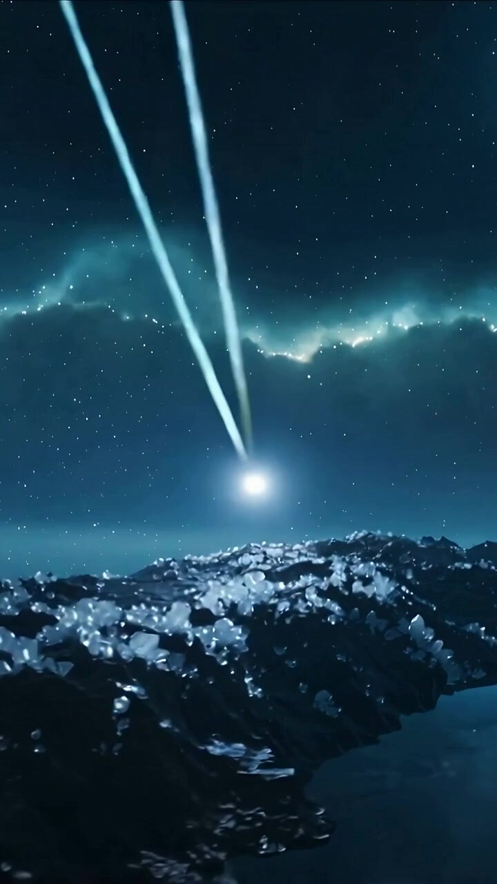 Vertical video: Emerging at night, bright orb descending toward crystal ridge, casting trails