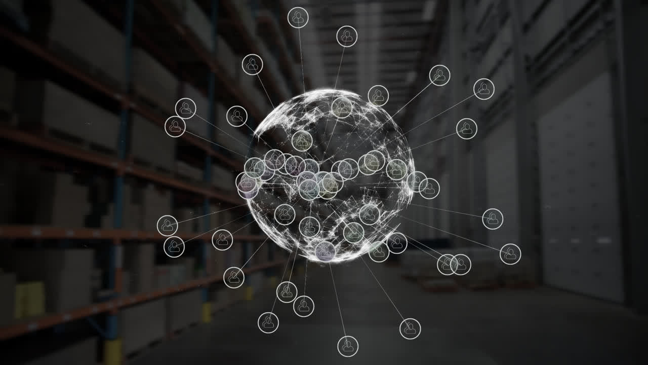 цифровая вращающаяся земля с данными на фоне склада