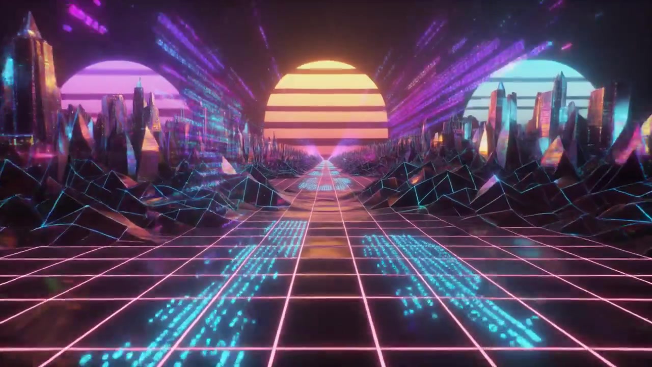 Paesaggio Digitale Retrò Synthwave con Sole Luminoso e Griglia