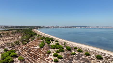 drone shot flying over flat land and a small beach in portugal