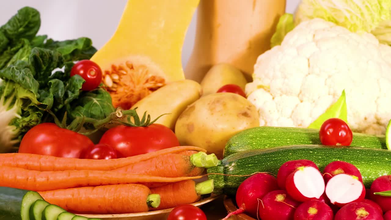 A colorful assortment of fresh vegetables including zucchini, peppers, and cauliflower arranged beautifully.