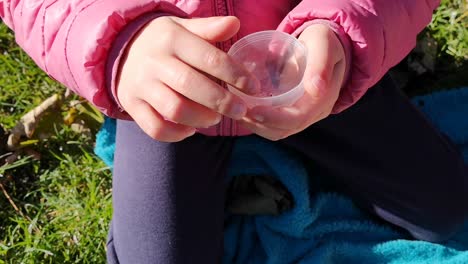 my daughter playing in nature with a woodlice