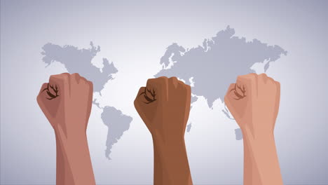 detener la campaña de racismo con manos puño y mapas de la tierra