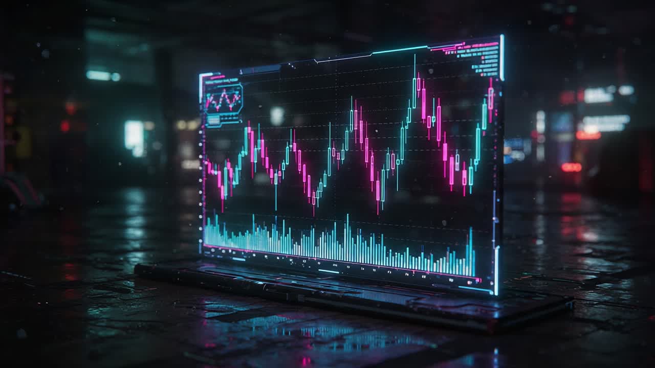 Analysis of Market Trends: An Engaging Visual Representation of Dynamic Stock Chart Movement in a Neon-Lit Urban Environment