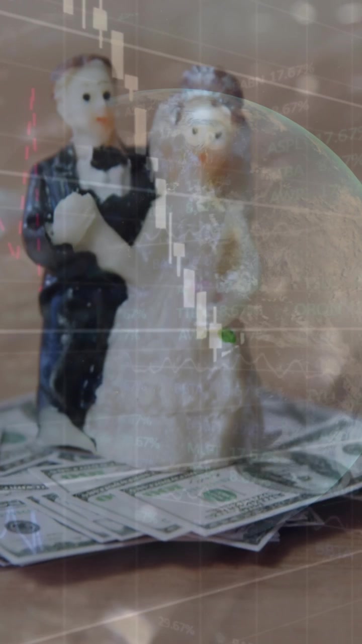 Animation of data processing over wedding figurines and banknotes