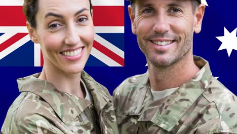 animation of caucasian male and female soldiers over flag of australia