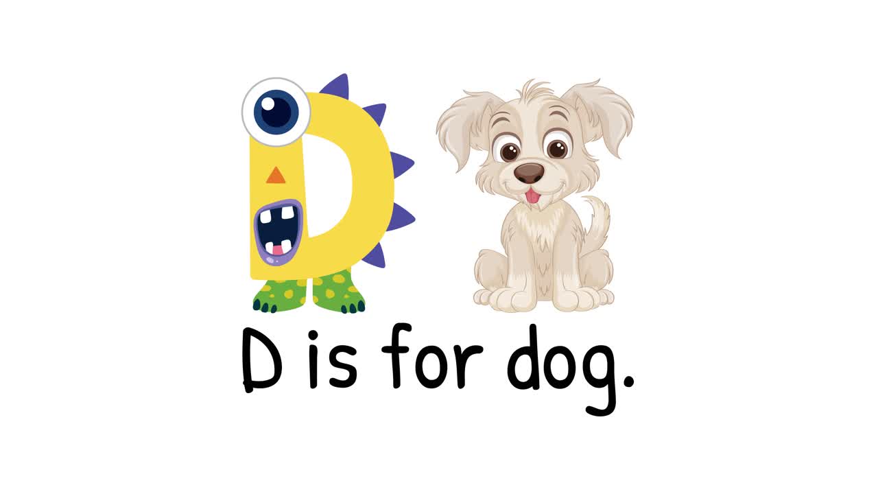 Playful animation introducing the letter D with a cartoon dog. Bright colors and simple design enhance learning for children