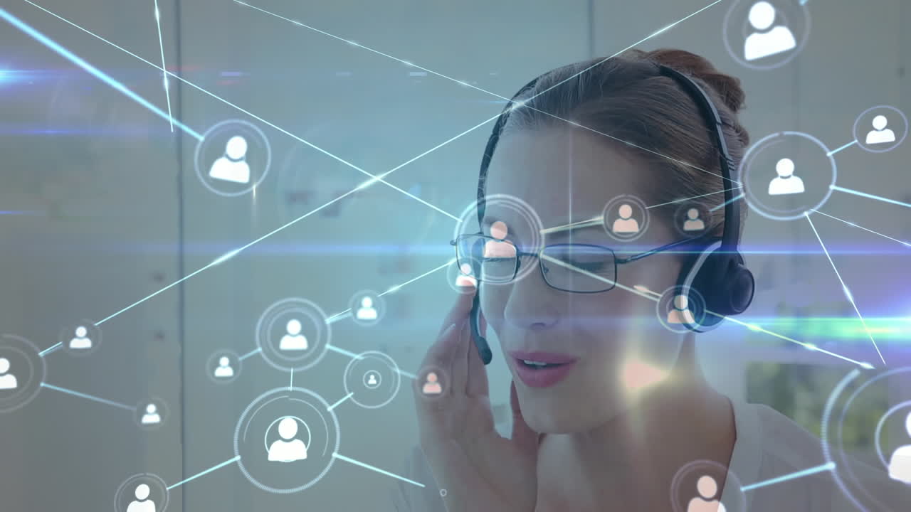 animación de la red de conexiones a través de una mujer de negocios con auriculares de teléfono