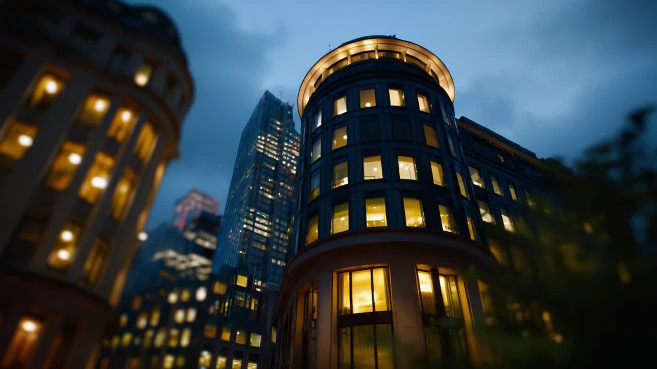 Paesaggio urbano illuminato al crepuscolo: architettura moderna al tramonto con finestre vivaci su un cielo che si oscura in un ambiente cittadino dinamico