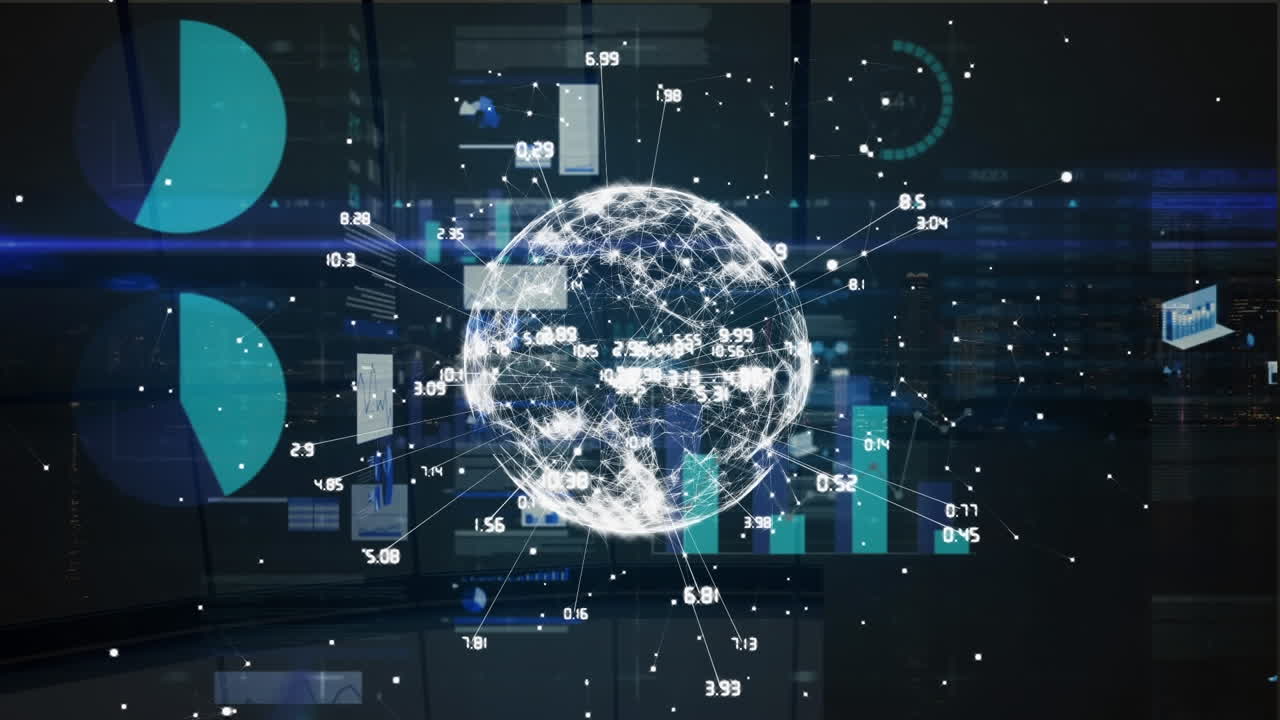 Animation of globe of network of connections and statistical data processing on black background