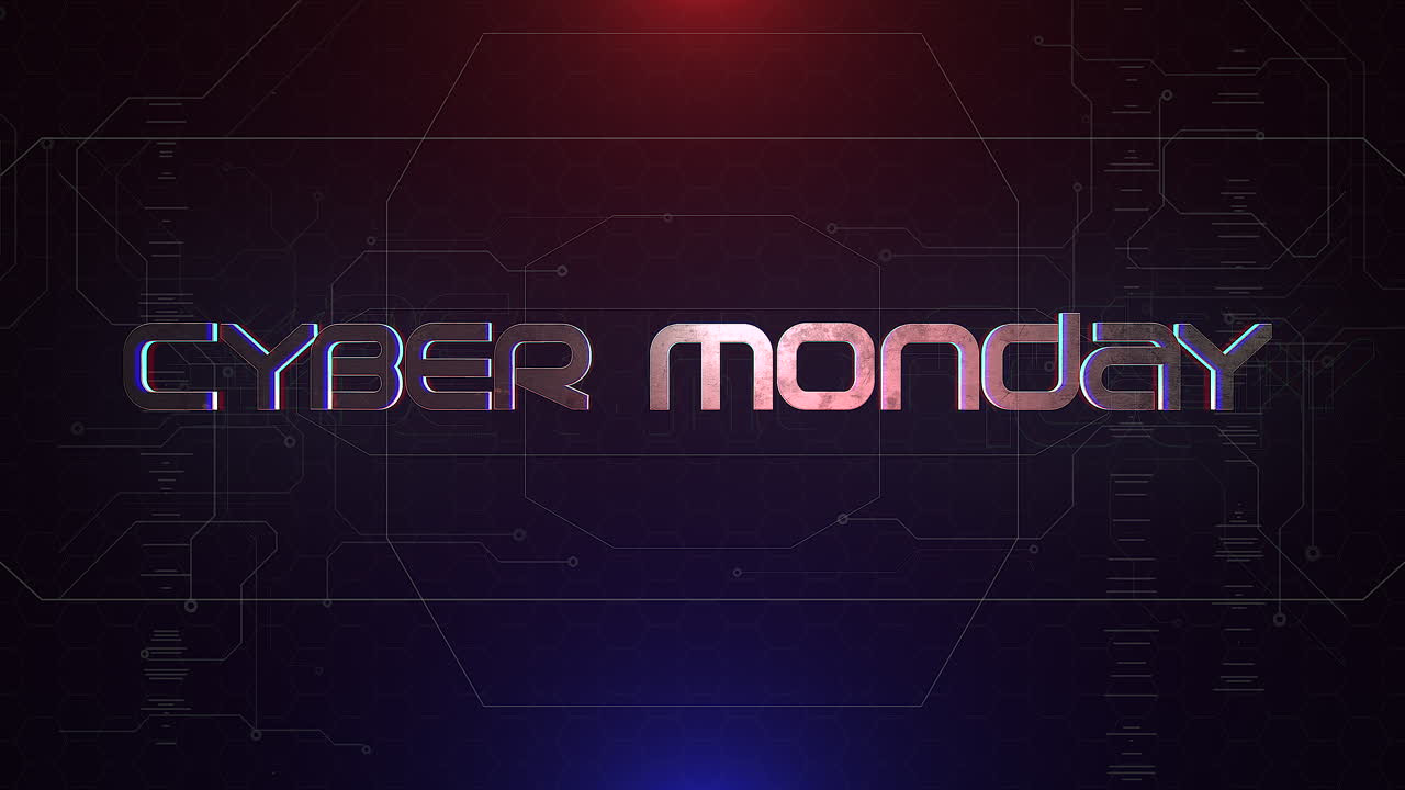 Cyber Monday tekst med gitter og HUD-elementer på skærmen