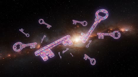 a captivating display of colorful keys floating in the cosmic abyss, sparkling with light as they navigate the mysterious vastness of space