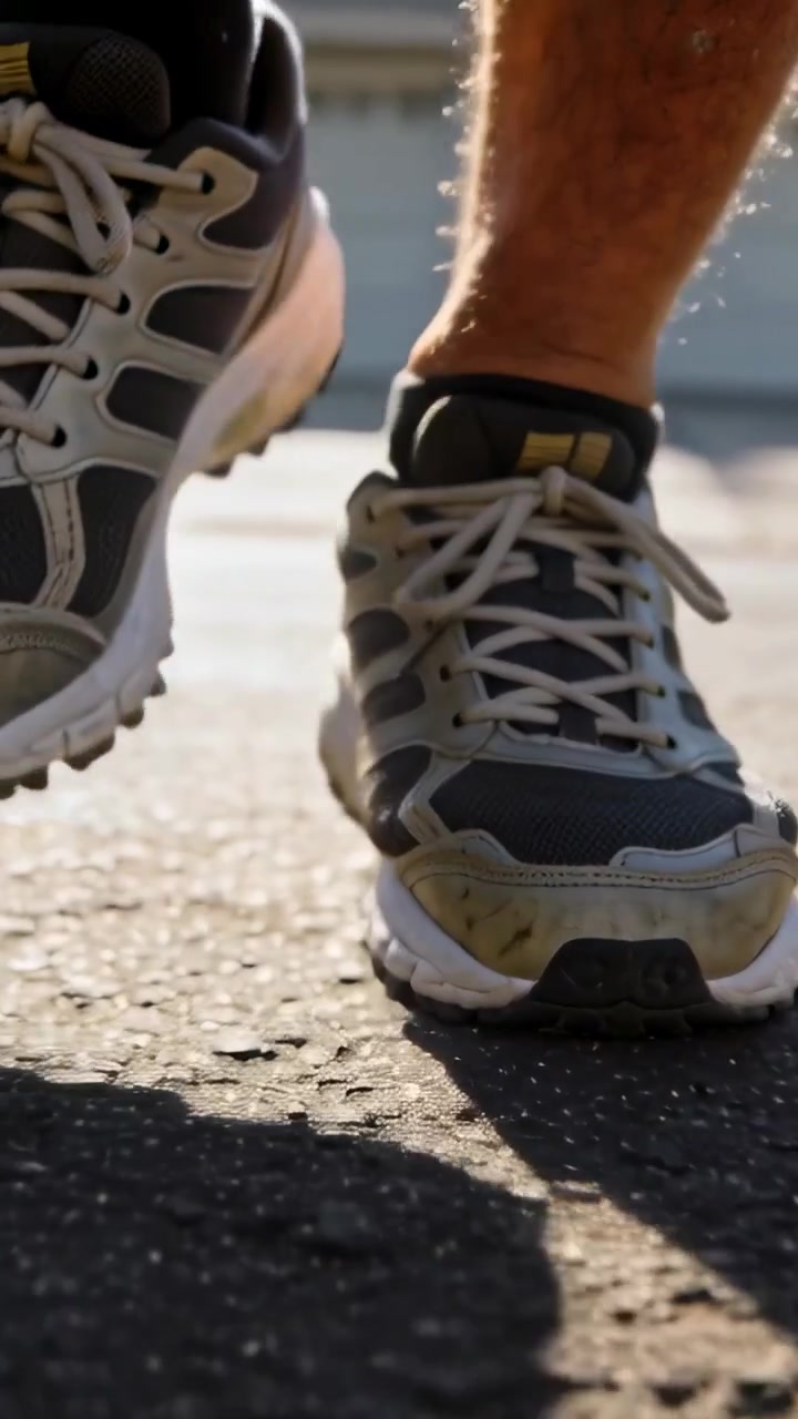 Video verticale: Corridore adulto che avanza, mostrando l'appoggio del piede su asfalto caldo per l'allenamento con le scarpe.