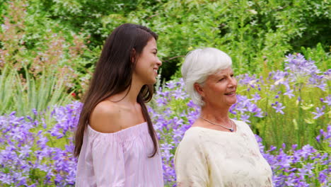 senior woman and her adult daughter walking in a park