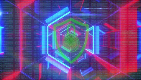 bloqueo de seguridad sobre el icono de escudo contra el túnel de neón contra el procesamiento de datos