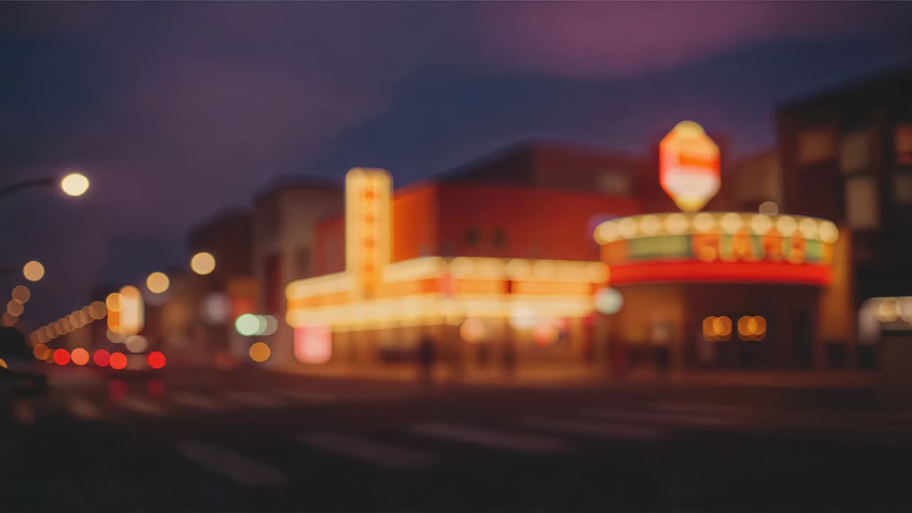 Red tail-light streak sweeping past neon-lit marquee starting camera moving into lit office skyline