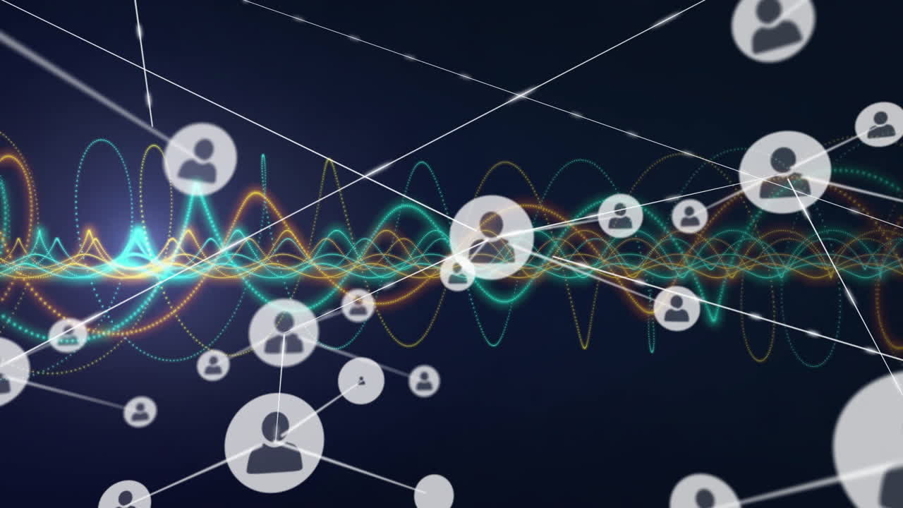 Animation of connected user icons over colorful waveforms on dark background