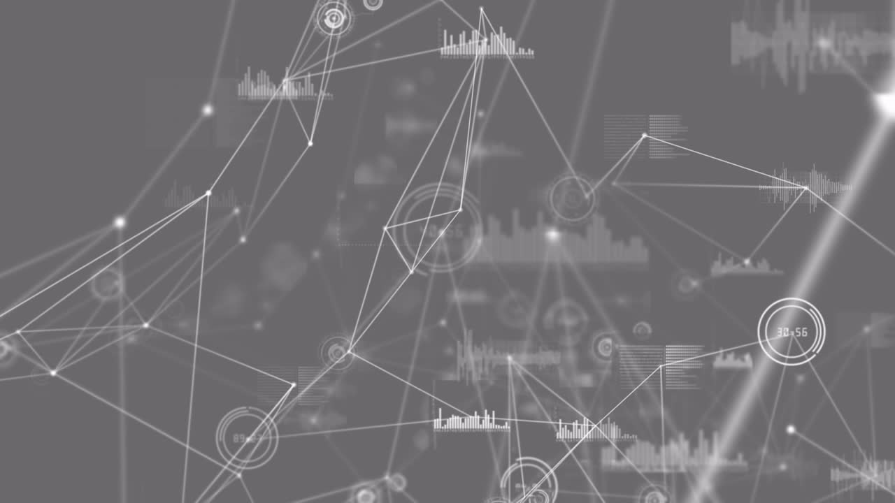 Animation of network of connections and data processing over dark background