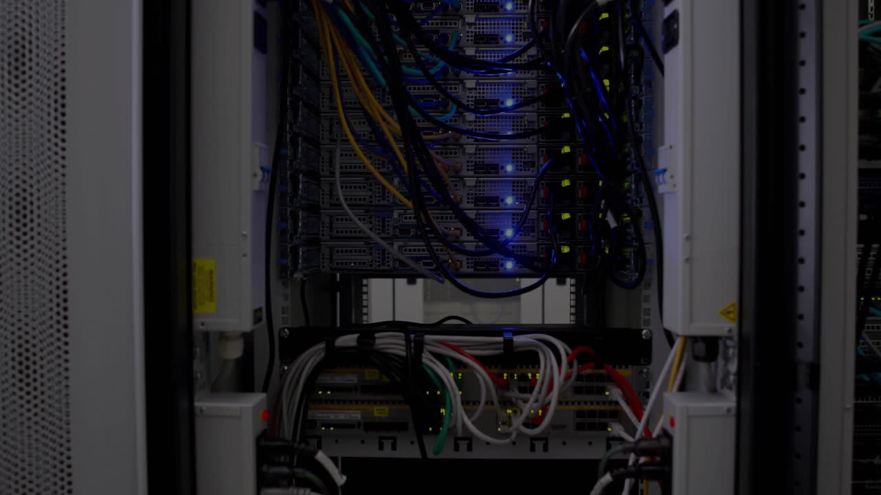 Waveform entering left, sweeping over server rack as LEDs blinking, visualizing network load