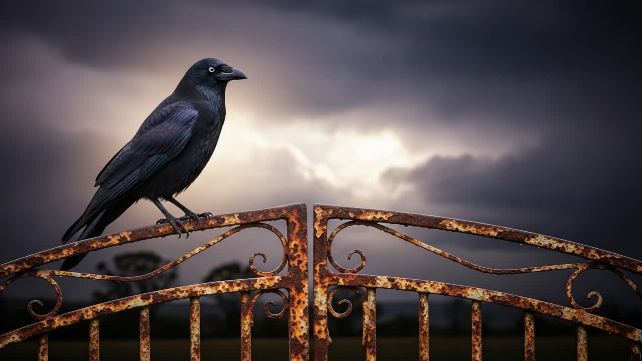 Un corvo solitario appollaiato su un antico cancello arrugginito in mezzo a un cielo tempestoso e drammatico, che evoca un senso di mistero e l'incombente potere della natura.
