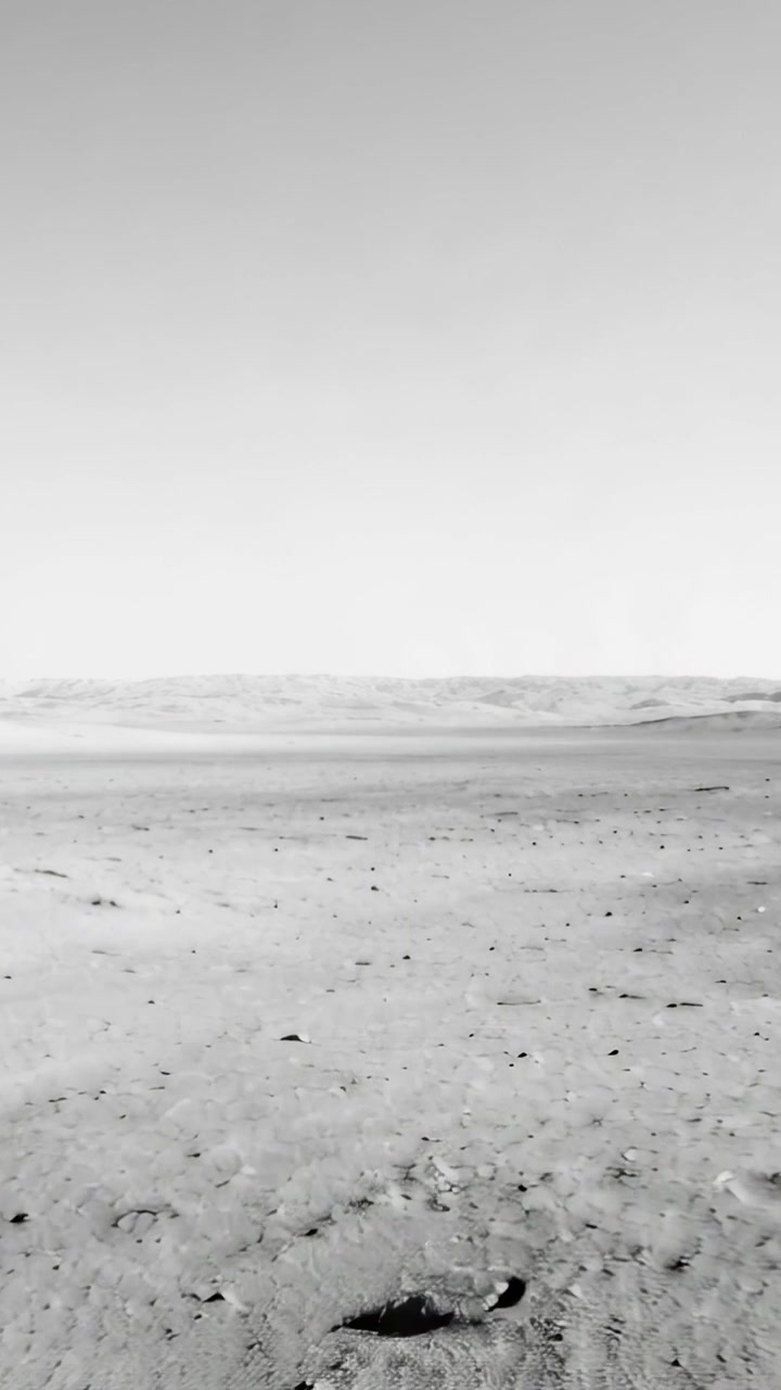 Vertical video: Panning camera moving forward across arid plain, revealing shallow pits and rocks