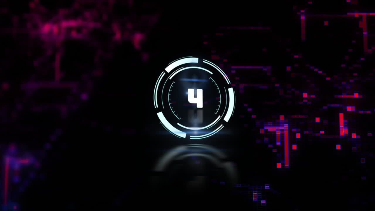 Central countdown timer being animated in futuristic HUD scene, with rings and pixel blocks