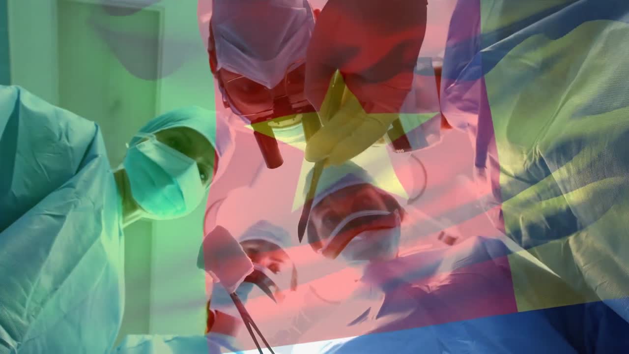 수술실에서 외과의사 위에 카메룬의  ⁇ 발의 애니메이션
