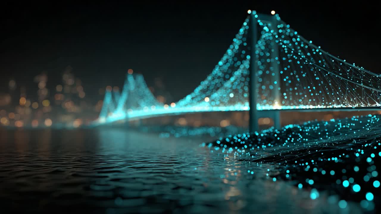 Abstract cityscape at night featuring a suspension bridge illuminated by a glowing turquoise network of lights, with data particles flowing and reflecting on the gently waving water
