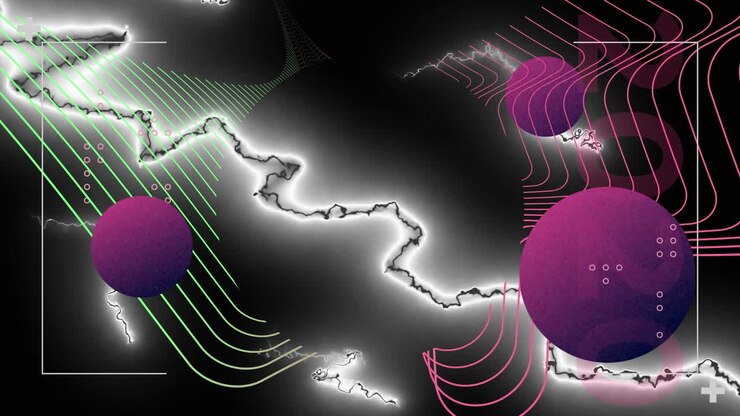 Animação de interface a processar dados, com correntes elétricas brancas, curvas paralelas e esferas.