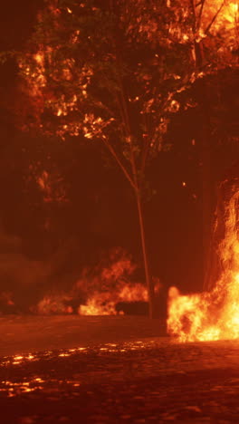 a tree is engulfed in flames during a wildfire at night.