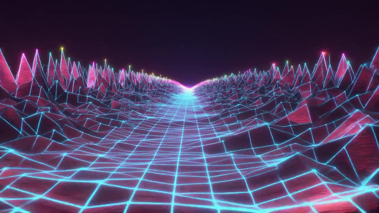 Retro Synthwave Style Digital Landscape with Glowing Neon Grid