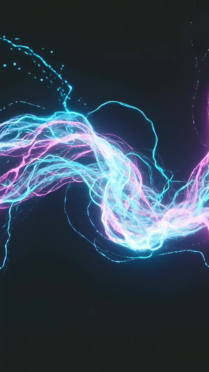 Vertical video: Shifting braided cyan magenta strands waving in dark void on update emitting sparks