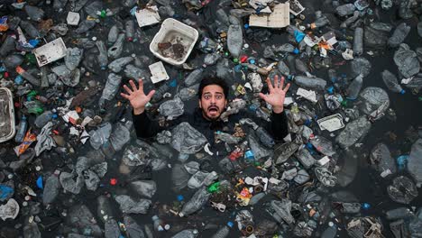a disturbing depiction of environmental crisis: a man struggles in a sea of plastic waste, highlighting the urgency of pollution awareness and collective action