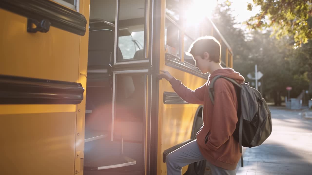 Ragazzo con zaino che sale su uno scuolabus