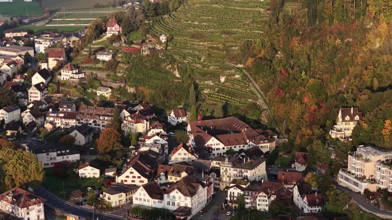 Aerial view of the town of Wessen, Schweiz, nestled on the shore of the Walensee. It is surrounded by steep, forested hills and mountains