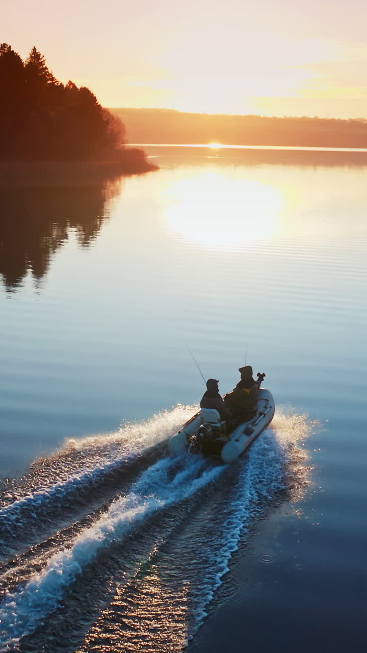 Motor boat on the river. Aerial drone view of rest on the river by boat